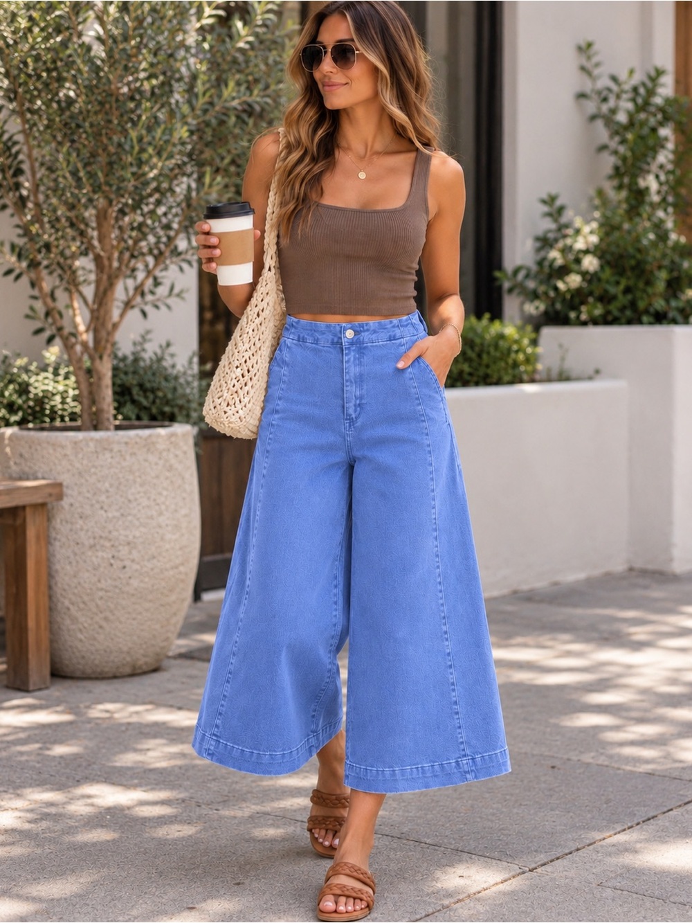 High-Rise Wide Leg Crop Jeans — Sky Blue